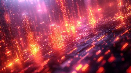 Fototapeta premium Abstract digital cityscape with glowing red and orange skyscrapers resembling a futuristic virtual metropolis