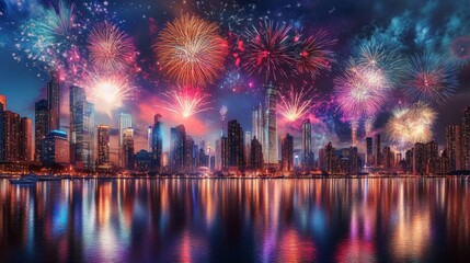A panoramic view of a city skyline with fireworks bursting overhead on New Years Eve, casting colorful reflections across the buildings as the sky lights up.
