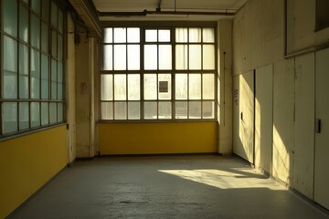 Obraz premium Empty Industrial Building Interior with Large Windows