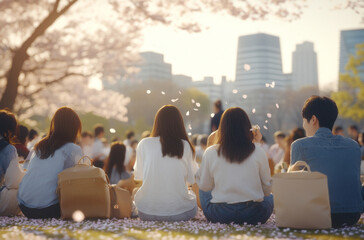 Fototapeta premium Japanese sakura Cherry blossom festival, picnic in city park with young adults enjoying springtime