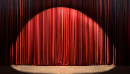 closed red curtain of stage in spotlight before show