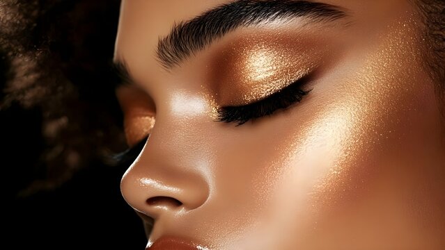 A close-up of a person's face highlighting makeup, with a focus on shimmering gold eyeshadow and glowing skin. Concept Makeup Techniques, Gold Eyeshadow, Skincare Glow, Close-Up Photography