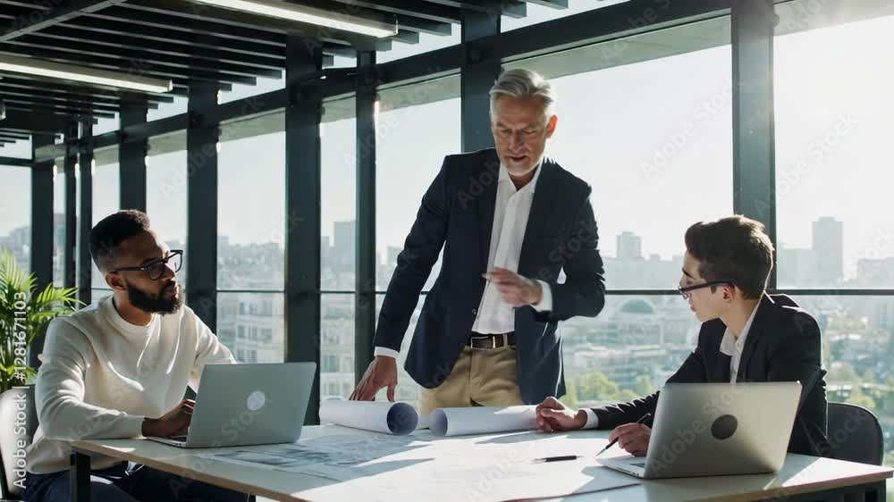 Poster senior engineer explaining project details to diverse colleagues during a meeting in a modern office
