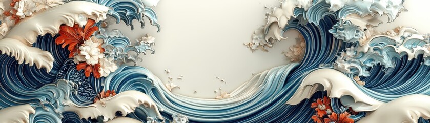 Antique ceramic plate adorned with intricate handpainted Japanese wave designs