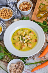 homemade chicken and bread soup with ingredients