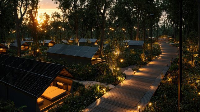 serene solar powered camp nestled in forest at sunset