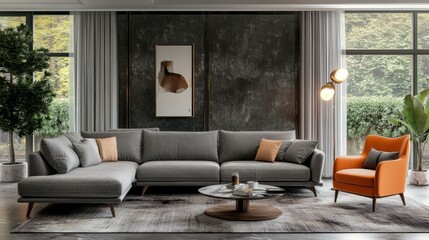Modern Gray Sectional Sofa and Orange Armchair Living Room Scene