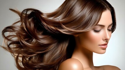 Obraz premium A close-up portrait of a woman with flowing, shiny hair and a serene expression, highlighting her hair and natural beauty. Concept Close-Up Portrait, Flowing Shiny Hair, Serene Expression