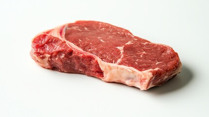 A piece of fresh raw lamb chop, showing off its tender meat and visible fat, displayed on a white background