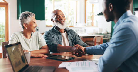Handshake, meeting and old couple with financial advisor for retirement fund, fraud protection and...