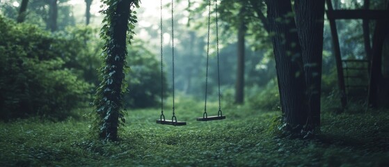 Two empty swings hang in a misty, overgrown forest glade, embodying childhood memories and abandoned serenity.