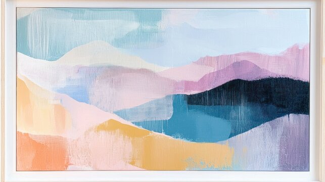 A framed boho painting featuring abstract landscapes and soft pastel hues.