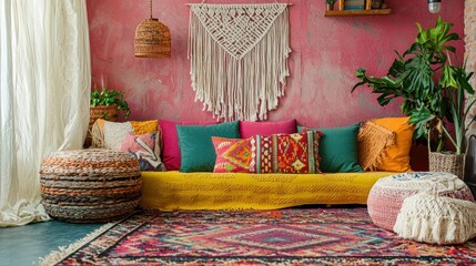 A vibrant boho room with colorful pillows, a vintage rug, and macrame wall art.