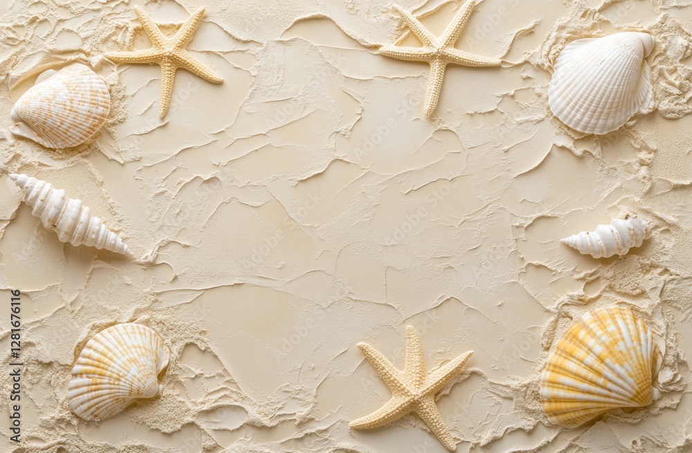 Poster A top view of a light beige textured background with seashells and starfish scattered across the surface, creating an elegant summer composition for design projects.