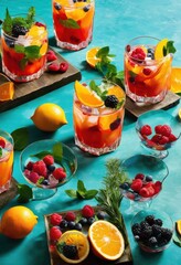 Fototapeta premium vibrant cocktail glasses filled colorful fresh refreshing ice garnished fruit festive setting, drink, ingredient, citrus, mint, shaker, tropical, liquor