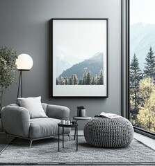 Modern Gray Living Room with Mountain Landscape Artwork