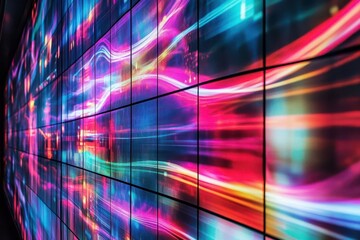 dynamic digital wall display with flowing abstract patterns neon color streams multiple screens showing synchronized motion graphics