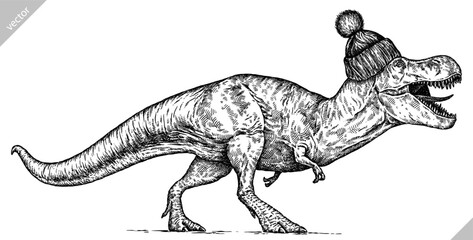 Vintage engraving isolated Tyranosaurus rex glasses dressed fashion set illustration t-rex ink sketch. Dinosaur background Rex silhouette Jurassic sunglasses hipster hat art. Hand drawn vector image