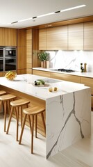 Modern Kitchen Island with Wooden Cabinets and Marble Countertop