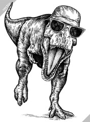 Obraz premium Vintage engraving isolated Tyranosaurus rex glasses dressed fashion set illustration t-rex ink sketch. Dinosaur background Rex silhouette Jurassic sunglasses hipster hat art. Hand drawn vector image