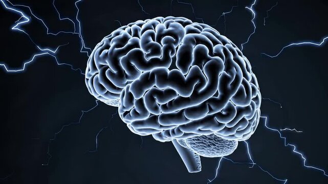 Glowing human brain surrounded by electric sparks on dark background, neuroscience and creativity concept