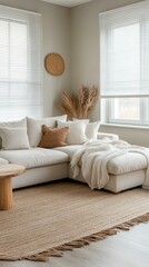 Modern Beige Living Room Interior Design with Jute Rug