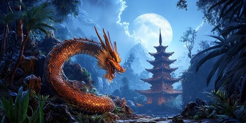 Obraz premium A mystical dragon guarding a serene temple under a full moon.