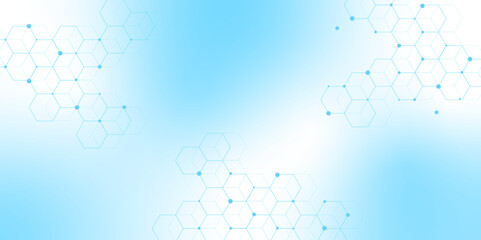 Molecular structure abstract tech background. Geometric blue background. Vector banner design with hexagons. Science network pattern, connecting lines and dots Medical background, Vector illustration.