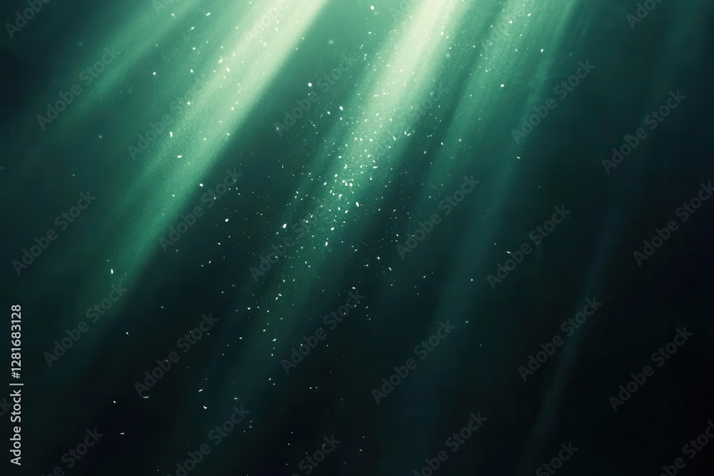 Poster dynamic green light rays piercing through darkness with ethereal glow and particle effects