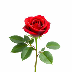 Fototapeta premium A blooming red rose with green leaves isolate on a white background