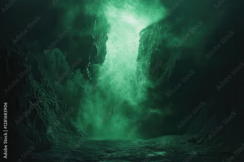 Wall mural dynamic green light rays piercing through darkness with ethereal glow and particle effects