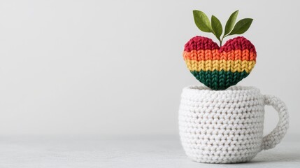 Knitted heart on a white crochet mug, simple, delicate. Possible use for greeting cards, social media