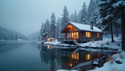 Obraz premium Cozy winter cabin by a tranquil lake surrounded by snowy forest.