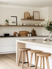 A modern kitchen with stools and a clean design