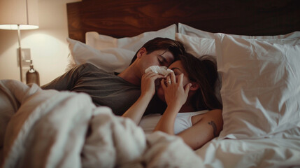 Love, support, and health challenges concept. Couple lying in bed together, both feeling unwell and blowing their noses, having flu or cold, share moments of illness and care
