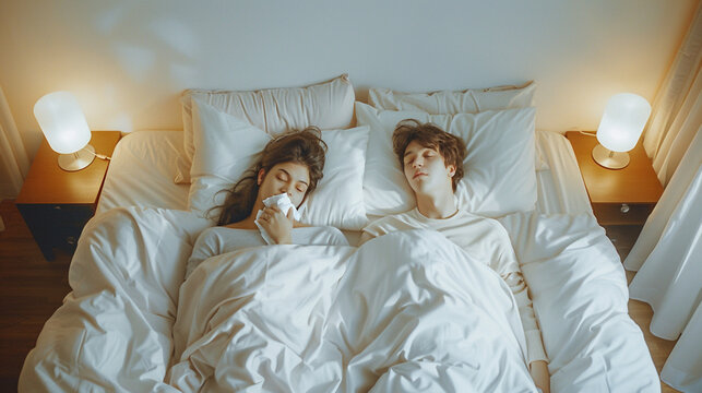 Young couple lying in bed together, both feeling unwell and blowing their noses, having flu or cold, share moments of illness and care. Love, support, and health challenges concept