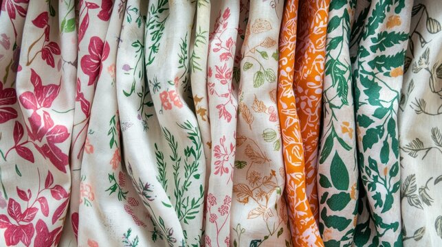 A flat-lay of boho floral patterns on fabric with pastel tones and leafy designs.