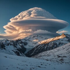 A surreal sky with lenticular clouds forming over a majestic peak.