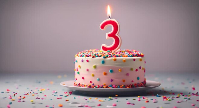 3rd birthday celebration cake, with candles in the shape of the number 3