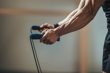 Obraz premium Muscular Man Jumping Rope in Gym, Focused Workout 