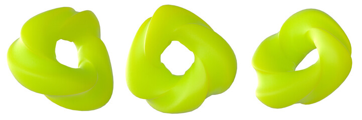 PNG three bright neon green twisted 3d shapes with smooth glossy surface isolated on white, for design