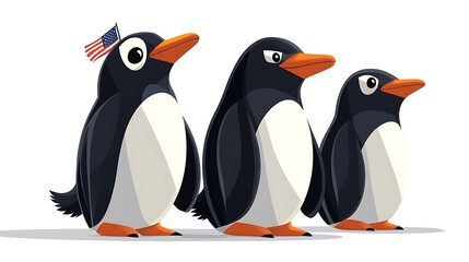Obraz premium Cartoon Penguins in Line on White Background