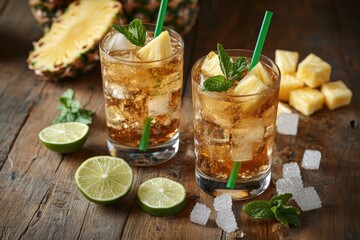 Fototapeta premium Refreshing Pineapple Mint Iced Tea Drinks in Glasses