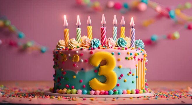 3rd birthday celebration cake, with candles in the shape of the number 3