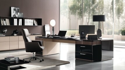"Home office with ergonomic furniture and modern decor