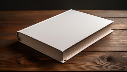 Fototapeta premium A hardcover book mockup on a wooden table featuring a minimalist cover design placeholder—perfect for showcasing book covers, branding, or editorial design concepts with a clean aesthetic. 