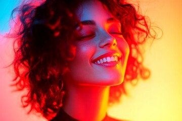 Fototapeta premium Pretty smiling mixed-race girl - for ads, billboard and social apps use. Commercial marketing creative art. Short hairdo - highlighted hair. African style portrait. Short hair concept photo.