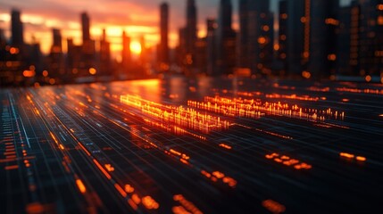 Abstract digital landscape with glowing lines and sunset over a city skyline in the background