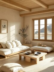 Fototapeta premium Comfortable modern room with sunlight inspired home interior aesthetic design