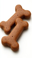 Close up of two delicious bone shaped dog treats on a clean white surface studio shot perfect for pet food advertising and canine nutrition promotion